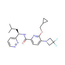 CC(C)C[C@@H](NC(=O)c1ccc(N2CC(F)(F)C2)c(OCC2CC2)n1)c1cccnn1 ZINC000207739270