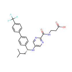 CC(C)C[C@@H](Nc1cnc(C(=O)NCCC(=O)O)nc1)c1ccc(-c2ccc(C(F)(F)F)cc2)cc1 ZINC000200436178