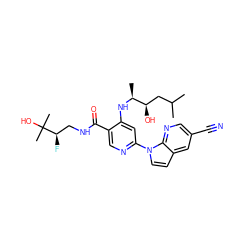 CC(C)C[C@@H](O)[C@H](C)Nc1cc(-n2ccc3cc(C#N)cnc32)ncc1C(=O)NC[C@@H](F)C(C)(C)O ZINC001772597722