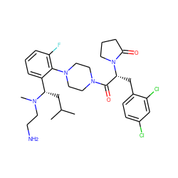 CC(C)C[C@@H](c1cccc(F)c1N1CCN(C(=O)[C@@H](Cc2ccc(Cl)cc2Cl)N2CCCC2=O)CC1)N(C)CCN ZINC000028823900