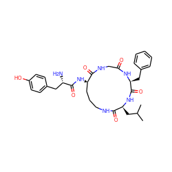 CC(C)C[C@@H]1NC(=O)[C@H](Cc2ccccc2)NC(=O)CNC(=O)[C@H](NC(=O)[C@@H](N)Cc2ccc(O)cc2)CCCNC1=O ZINC000096904315