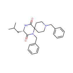 CC(C)C[C@@H]1NC(=O)C2(CCN(Cc3ccccc3)CC2)N(Cc2ccccc2)C1=O ZINC000038157781