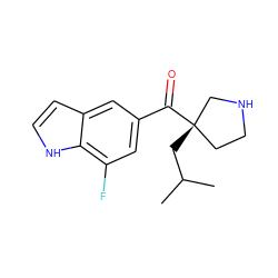 CC(C)C[C@]1(C(=O)c2cc(F)c3[nH]ccc3c2)CCNC1 ZINC000058575446