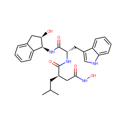 CC(C)C[C@H](CC(=O)NO)C(=O)N[C@@H](Cc1c[nH]c2ccccc12)C(=O)N[C@H]1c2ccccc2C[C@H]1O ZINC000026295966