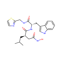 CC(C)C[C@H](CC(=O)NO)C(=O)N[C@@H](Cc1c[nH]c2ccccc12)C(=O)NCc1nccs1 ZINC000013776916