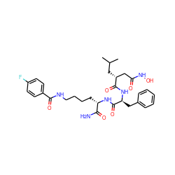 CC(C)C[C@H](CC(=O)NO)C(=O)N[C@@H](Cc1ccccc1)C(=O)N[C@@H](CCCCNC(=O)c1ccc(F)cc1)C(N)=O ZINC000299818763