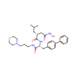 CC(C)C[C@H](CC(=O)NO)C(=O)N[C@H](Cc1ccc(-c2ccccc2)cc1)C(=O)NCCCN1CCOCC1 ZINC000026293927