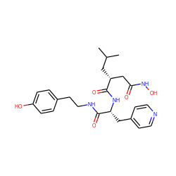 CC(C)C[C@H](CC(=O)NO)C(=O)N[C@H](Cc1ccncc1)C(=O)NCCc1ccc(O)cc1 ZINC000026296990