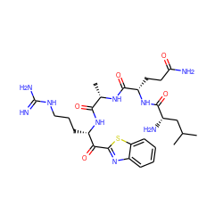 CC(C)C[C@H](N)C(=O)N[C@@H](CCC(N)=O)C(=O)N[C@@H](C)C(=O)N[C@@H](CCCNC(=N)N)C(=O)c1nc2ccccc2s1 ZINC000299822451