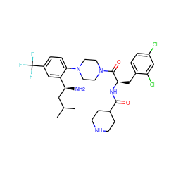 CC(C)C[C@H](N)c1cc(C(F)(F)F)ccc1N1CCN(C(=O)[C@@H](Cc2ccc(Cl)cc2Cl)NC(=O)C2CCNCC2)CC1 ZINC000028825741