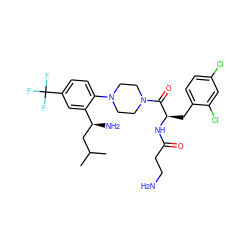 CC(C)C[C@H](N)c1cc(C(F)(F)F)ccc1N1CCN(C(=O)[C@@H](Cc2ccc(Cl)cc2Cl)NC(=O)CCN)CC1 ZINC000028825738