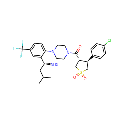 CC(C)C[C@H](N)c1cc(C(F)(F)F)ccc1N1CCN(C(=O)[C@H]2CS(=O)(=O)C[C@@H]2c2ccc(Cl)cc2)CC1 ZINC000029039310