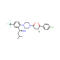 CC(C)C[C@H](N)c1cc(C(F)(F)F)ccc1N1CCN(C(=O)C[C@@H](C)C(=O)c2ccc(Cl)cc2)CC1 ZINC000036285891