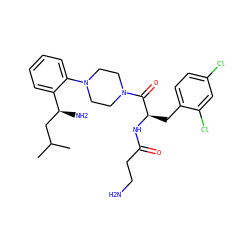 CC(C)C[C@H](N)c1ccccc1N1CCN(C(=O)[C@@H](Cc2ccc(Cl)cc2Cl)NC(=O)CCN)CC1 ZINC000040401641