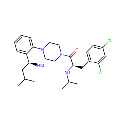 CC(C)C[C@H](N)c1ccccc1N1CCN(C(=O)[C@@H](Cc2ccc(Cl)cc2Cl)NC(C)C)CC1 ZINC000040866093