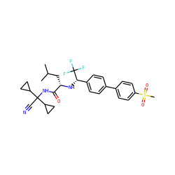 CC(C)C[C@H](N[C@@H](c1ccc(-c2ccc(S(C)(=O)=O)cc2)cc1)C(F)(F)F)C(=O)NC(C#N)(C1CC1)C1CC1 ZINC000029040665