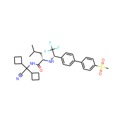 CC(C)C[C@H](N[C@@H](c1ccc(-c2ccc(S(C)(=O)=O)cc2)cc1)C(F)(F)F)C(=O)NC(C#N)(C1CCC1)C1CCC1 ZINC000029040667