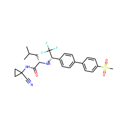 CC(C)C[C@H](N[C@@H](c1ccc(-c2ccc(S(C)(=O)=O)cc2)cc1)C(F)(F)F)C(=O)NC1(C#N)CC1 ZINC000014971096