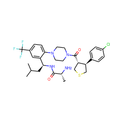 CC(C)C[C@H](NC(=O)[C@@H](C)N)c1cc(C(F)(F)F)ccc1N1CCN(C(=O)[C@H]2CSC[C@@H]2c2ccc(Cl)cc2)CC1 ZINC000029039286