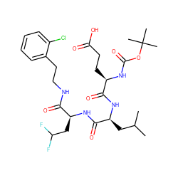 CC(C)C[C@H](NC(=O)[C@@H](CCC(=O)O)NC(=O)OC(C)(C)C)C(=O)N[C@@H](CC(F)F)C(=O)NCCc1ccccc1Cl ZINC000027099111