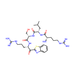 CC(C)C[C@H](NC(=O)[C@@H](N)CCCNC(=N)N)C(=O)N[C@@H](CO)C(=O)N[C@@H](CCCNC(=N)N)C(=O)c1nc2ccccc2s1 ZINC000299841313
