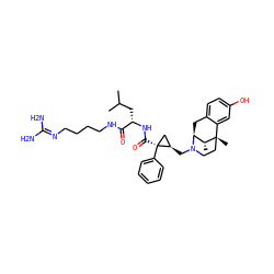CC(C)C[C@H](NC(=O)[C@]1(c2ccccc2)C[C@H]1CN1CC[C@@]2(C)c3cc(O)ccc3C[C@H]1[C@H]2C)C(=O)NCCCCN=C(N)N ZINC000100861411