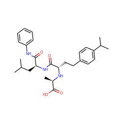 CC(C)C[C@H](NC(=O)[C@H](CCc1ccc(C(C)C)cc1)N[C@H](C)C(=O)O)C(=O)Nc1ccccc1 ZINC000026488067