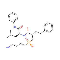 CC(C)C[C@H](NC(=O)[C@H](CCc1ccccc1)C[P@](=O)(O)CCCCN)C(=O)Nc1ccccc1 ZINC000026990161