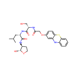 CC(C)C[C@H](NC(=O)[C@H](CO)NC(=O)COc1ccc2c(c1)Nc1ccccc1S2)C(=O)N[C@H]1CCO[C@@H]1O ZINC000028571112