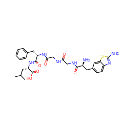 CC(C)C[C@H](NC(=O)[C@H](Cc1ccccc1)NC(=O)CNC(=O)CNC(=O)[C@@H](N)Cc1ccc2nc(N)sc2c1)C(=O)O ZINC000028893410