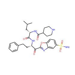 CC(C)C[C@H](NC(=O)C1CCNCC1)C(=O)N[C@@H](CCc1ccccc1)C(=O)c1nc2cc(S(N)(=O)=O)ccc2o1 ZINC000029124954