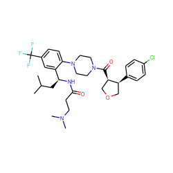 CC(C)C[C@H](NC(=O)CCN(C)C)c1cc(C(F)(F)F)ccc1N1CCN(C(=O)[C@@H]2COC[C@@H]2c2ccc(Cl)cc2)CC1 ZINC000029039327