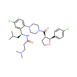 CC(C)C[C@H](NC(=O)CCN(C)C)c1cc(Cl)ccc1N1CCN(C(=O)[C@@H]2CCO[C@@H]2c2ccc(Cl)cc2)CC1 ZINC000029039368