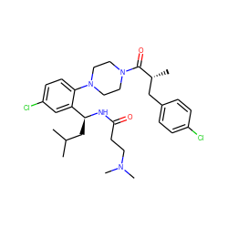 CC(C)C[C@H](NC(=O)CCN(C)C)c1cc(Cl)ccc1N1CCN(C(=O)[C@H](C)Cc2ccc(Cl)cc2)CC1 ZINC000028826793