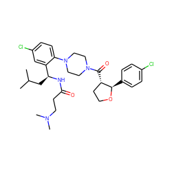 CC(C)C[C@H](NC(=O)CCN(C)C)c1cc(Cl)ccc1N1CCN(C(=O)[C@H]2CCO[C@@H]2c2ccc(Cl)cc2)CC1 ZINC000029039366