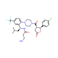 CC(C)C[C@H](NC(=O)CCN)c1cc(C(F)(F)F)ccc1N1CCN(C(=O)[C@@H]2CC(=O)O[C@@H]2c2ccc(Cl)cc2)CC1 ZINC000029039370