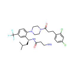 CC(C)C[C@H](NC(=O)CCN)c1cc(C(F)(F)F)ccc1N1CCN(C(=O)CCc2ccc(Cl)cc2Cl)CC1 ZINC000036285574