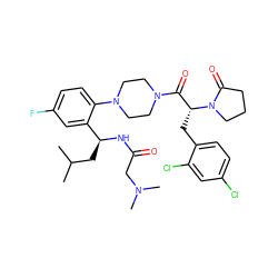 CC(C)C[C@H](NC(=O)CN(C)C)c1cc(F)ccc1N1CCN(C(=O)[C@@H](Cc2ccc(Cl)cc2Cl)N2CCCC2=O)CC1 ZINC000028823920