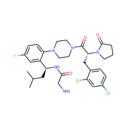 CC(C)C[C@H](NC(=O)CN)c1cc(F)ccc1N1CCN(C(=O)[C@@H](Cc2ccc(Cl)cc2Cl)N2CCCC2=O)CC1 ZINC000028823916