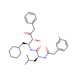 CC(C)C[C@H](NC(=O)Cc1cccc(F)c1)C(=O)N[C@@H](CC1CCCCC1)[C@@H](O)C(=O)Cc1ccccc1 ZINC000028224864