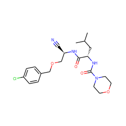 CC(C)C[C@H](NC(=O)N1CCOCC1)C(=O)N[C@H](C#N)COCc1ccc(Cl)cc1 ZINC000013492525