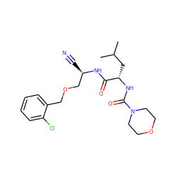 CC(C)C[C@H](NC(=O)N1CCOCC1)C(=O)N[C@H](C#N)COCc1ccccc1Cl ZINC000013492523