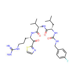 CC(C)C[C@H](NC(=O)NCc1ccc(F)cc1)C(=O)N[C@H](C(=O)N[C@@H](CCCNC(=N)N)C(=O)c1nccs1)C(C)C ZINC000014951602