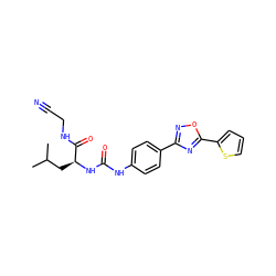 CC(C)C[C@H](NC(=O)Nc1ccc(-c2noc(-c3cccs3)n2)cc1)C(=O)NCC#N ZINC000066104521