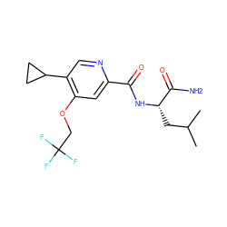 CC(C)C[C@H](NC(=O)c1cc(OCC(F)(F)F)c(C2CC2)cn1)C(N)=O ZINC000149238505