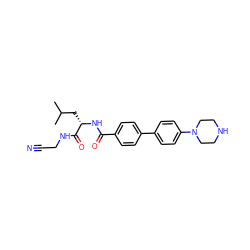 CC(C)C[C@H](NC(=O)c1ccc(-c2ccc(N3CCNCC3)cc2)cc1)C(=O)NCC#N ZINC000040934480