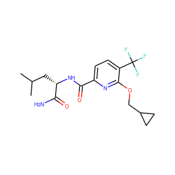 CC(C)C[C@H](NC(=O)c1ccc(C(F)(F)F)c(OCC2CC2)n1)C(N)=O ZINC000207732031