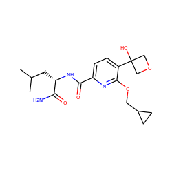 CC(C)C[C@H](NC(=O)c1ccc(C2(O)COC2)c(OCC2CC2)n1)C(N)=O ZINC000207733749