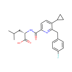 CC(C)C[C@H](NC(=O)c1ccc(C2CC2)c(Cc2ccc(F)cc2)n1)C(=O)O ZINC000150177454