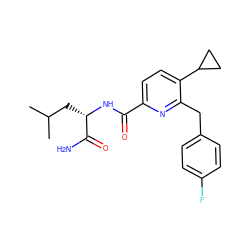 CC(C)C[C@H](NC(=O)c1ccc(C2CC2)c(Cc2ccc(F)cc2)n1)C(N)=O ZINC000207733936